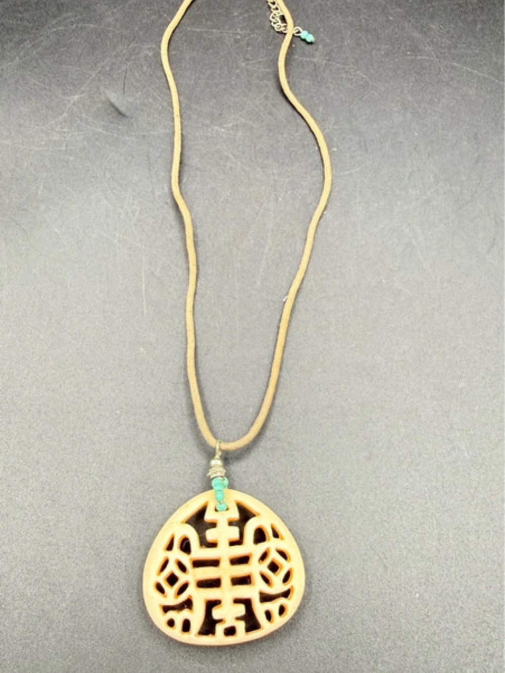 Handcrafted Wood Pendant Necklace in Tan with Turquoise Accents